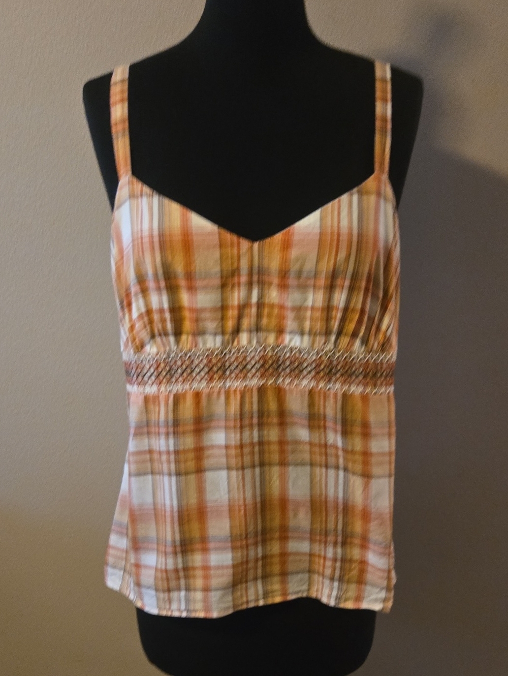 LOFT Plaid Smocked Camisole in Orange and Cream